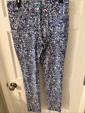 J. McLaughlin Blue & White Floral Lace Print Slim Ankle Denim Pants Midrise 8